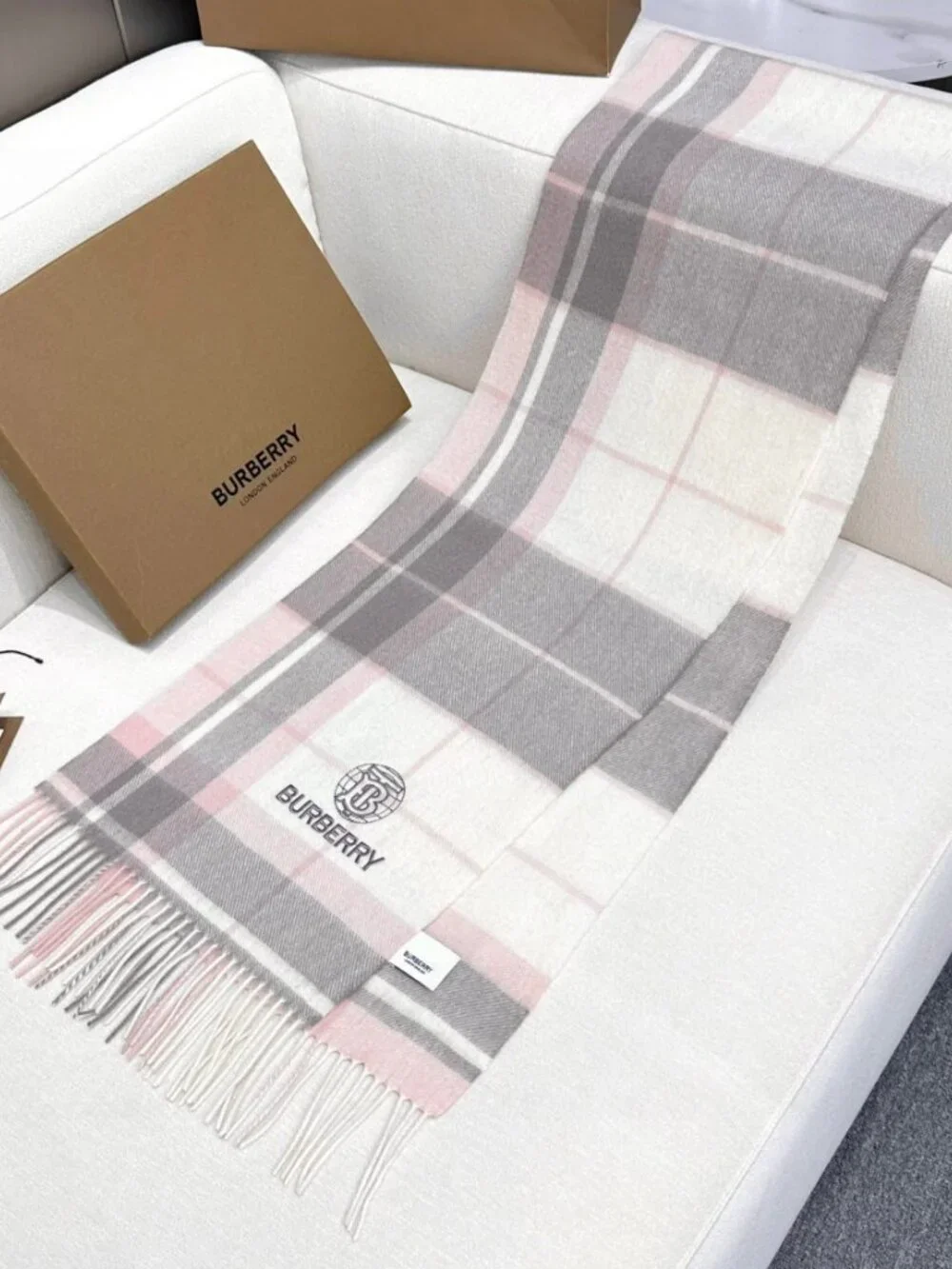 Burberry Embroidered TB Logo Cream‑Tone Check Scarf Soft Fringe Designer Shawl